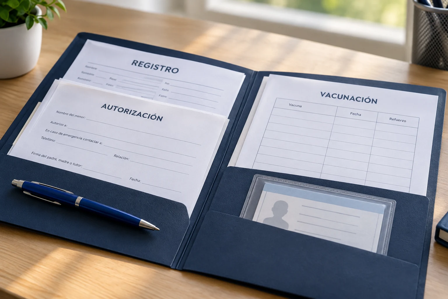 Imagen conceptual de formularios de registro, autorizaciones y vacunación sin datos personales reales